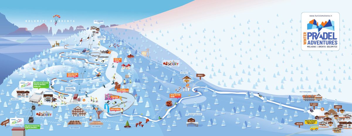 Mappa invernale del Pradel: telecabina da Molveno, seggiovia, pista sci, campo scuola, Fun Park e piste da slittino Scoiattolo e Bambi fino ad Andalo